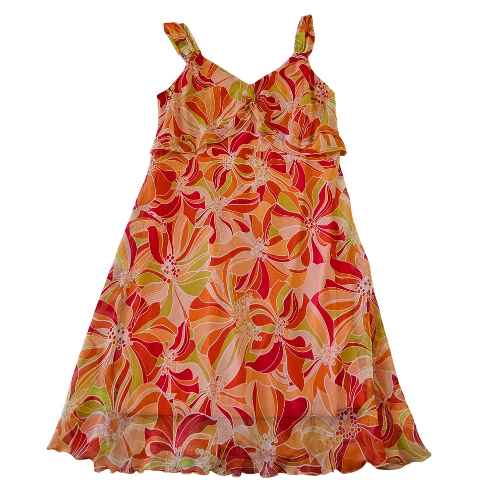 Believe VTG Y2k Orange Pink Tropical Floral V-Neck Ruffle Midi Sun Dress Sz 10